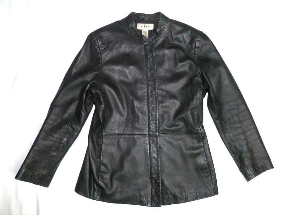 ALFANI WOMEN M USED SOFT GENUINE LAMB LEATHER BLACK ZIP UP FITTED LONG JACKET